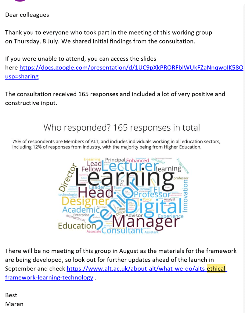 Email thanking contributors to online focus groups for the framing  of the ALT 2021 FELT framework