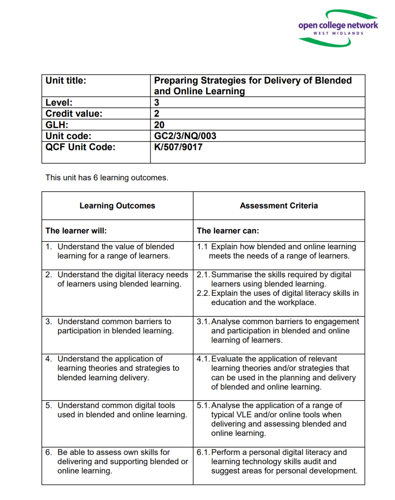 Screenshot of a module guide for the OCN qualification in Blended and Online Learning Design (BOLD) Module 1: Preparing Strategies for Delivery of Blended and Online Learning.