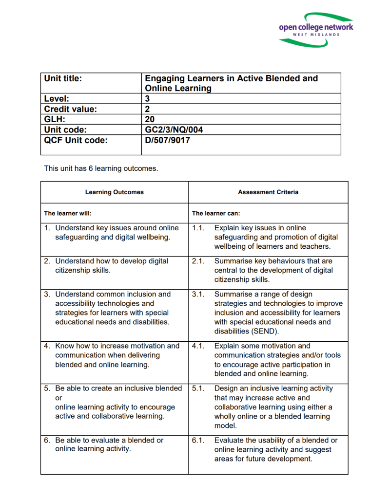 Screenshot of a module guide for the OCN qualification in Blended and Online Learning Design (BOLD) Module 3: Engaging Learners in Blended and Online Learning.