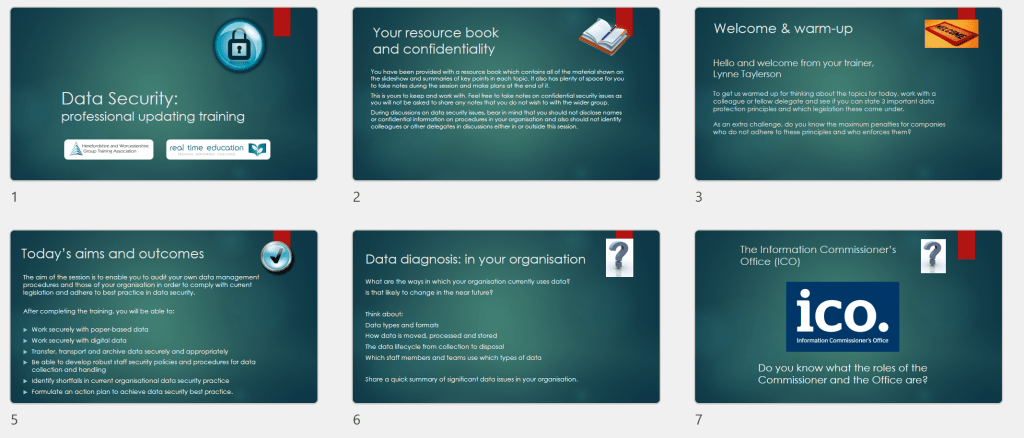 Image of slides from a Data Security 1-day professional updating session.