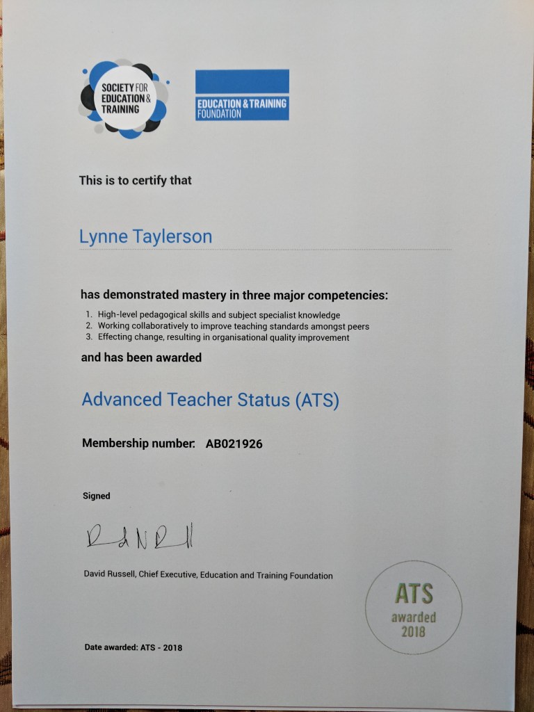Photograph of Lynne Taylerson Advanced Teacher Status certificate from the Society for Education and Training.