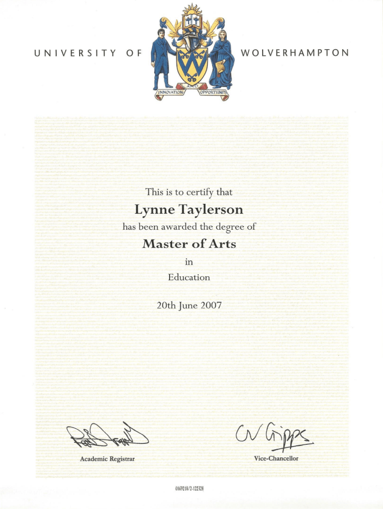 Lynne Taylerson Masters in Education certificate from University of Wolverhampton.