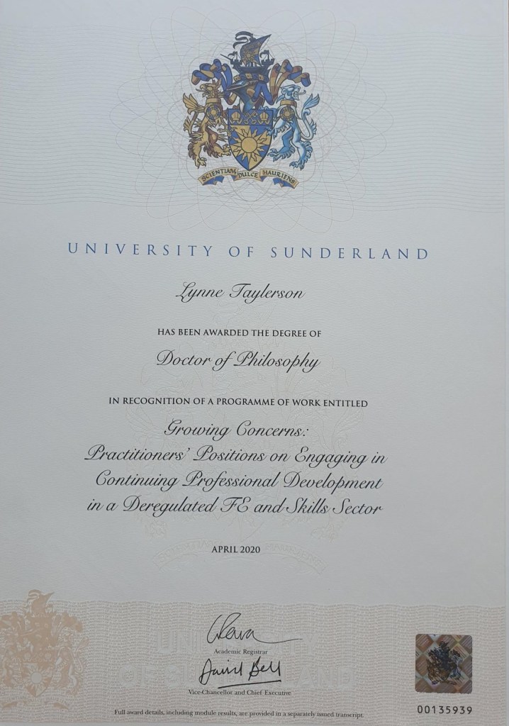 Lynne Taylerson PhD in Education certificate from University of Sunderland