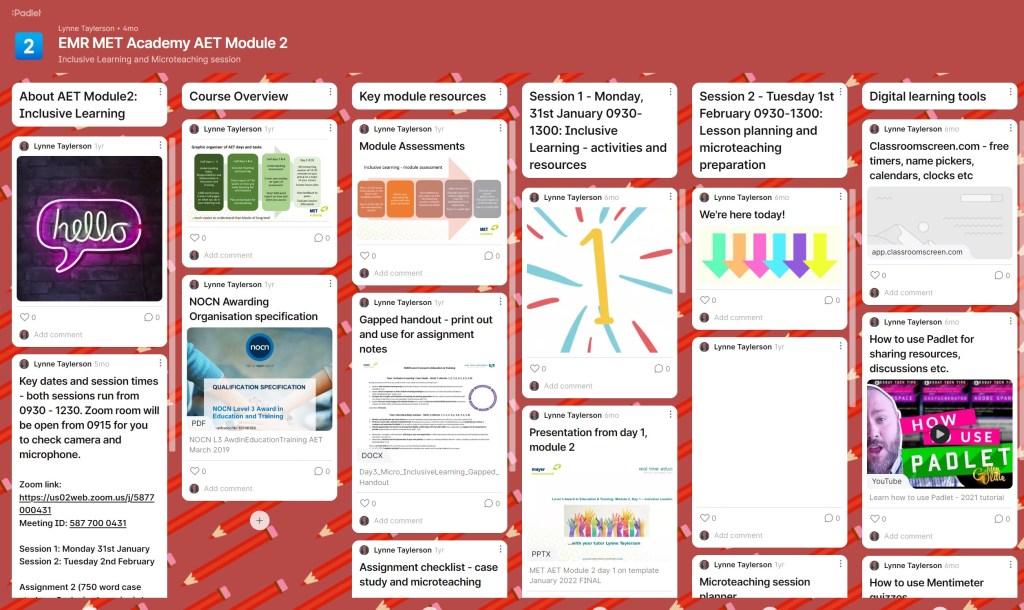 A screenshot of a Padlet board for the AET training course with columns of tiles displaying course resources.