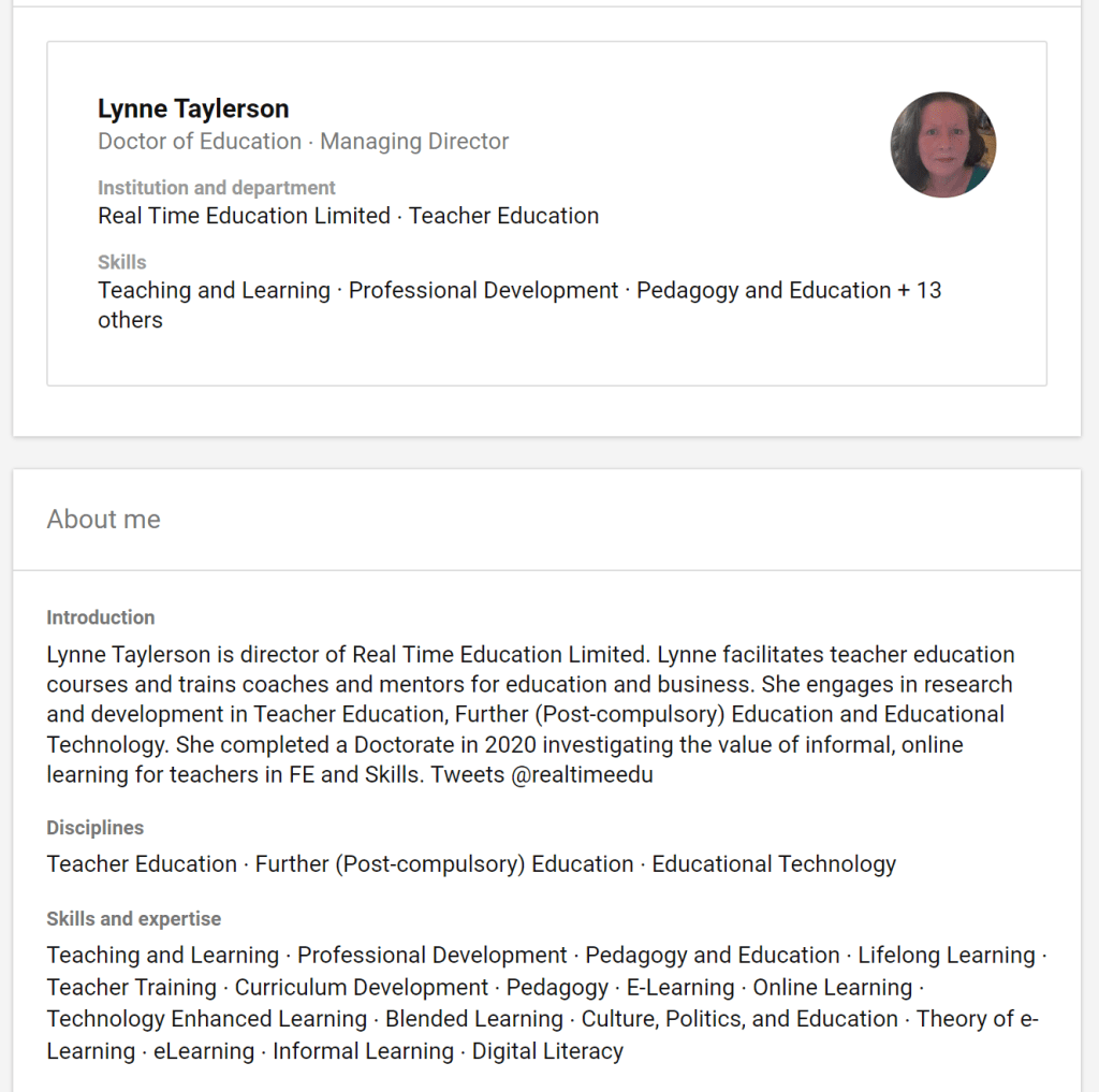 Screenshot of Lynne Taylerson's home page on ResearchGate showing a profile photo and short biography.