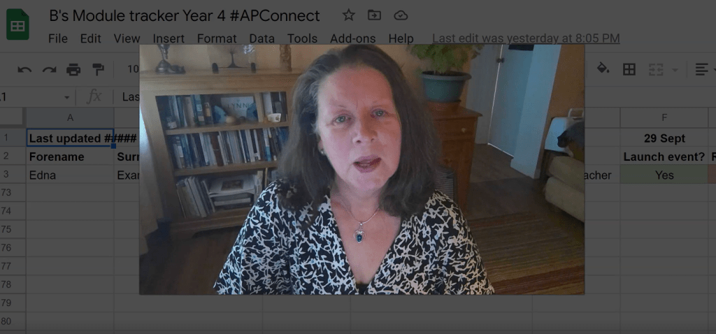 Screengrab from support video for APConnect mentors showing Lynne Taylerson sitting in an office environment recording a piece to camera.
