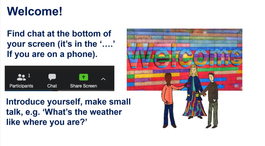A screenshot of the Zoom orientation session with screen shots of the Participants, Chat and Share Screen tools. Text invites delegates to find chat and introduce themselves. An image of 3 people shaking  hands appears on the right.
