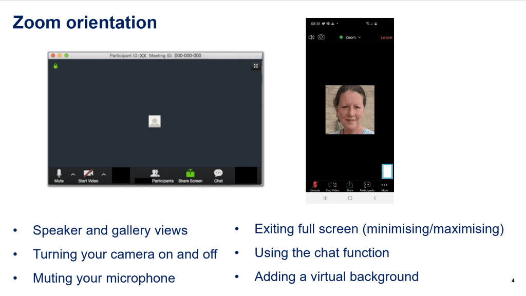 A screenshot of of a PowerPoint webinar slide for the Zoom use orientation session. The input covers different Zoom views, camera and microphone operation, using chat and virtual backgrounds.