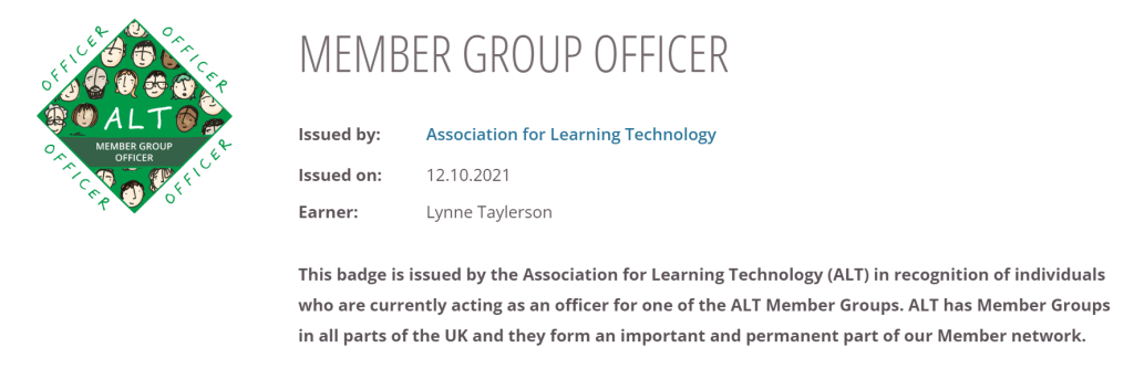 ALT Member Group Officer digital badge showing the green diamond-shaped ALT logo with slogan 'ALT Member Group Officer', Issued by ALT, awarded to Lynne Taylerson 12/10/2021