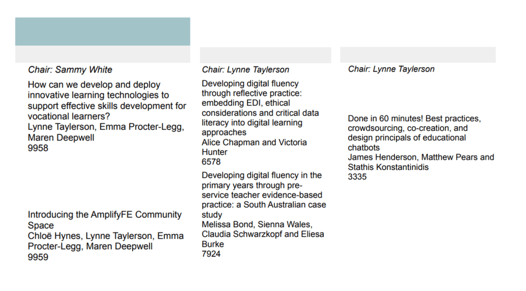 Screenshot of the ALT Conference 2022 online agenda showing 2 sessions co-presented by Lynne Taylerson and 3 sessions chaired by Lynne Taylerson in a grid layout.