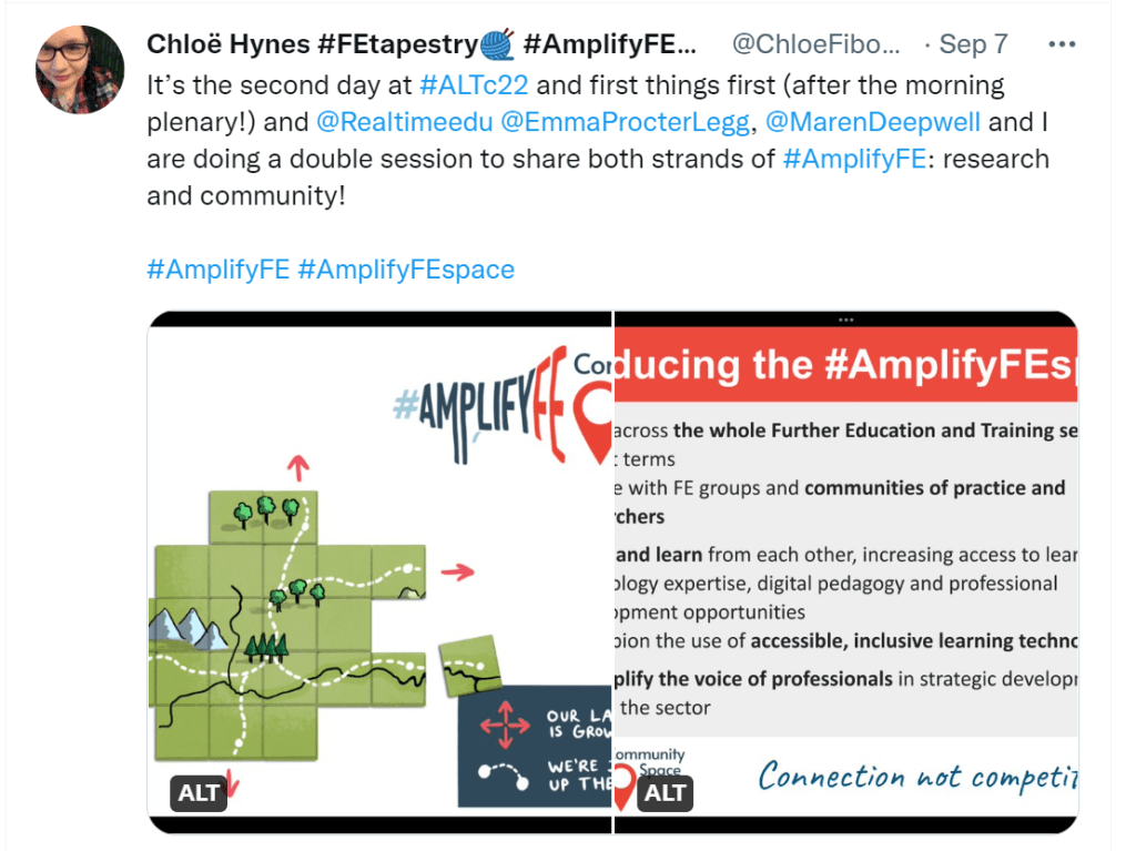 Tweet from Chloe Hynes promoting the AmplifyFE research presentation at altc22.