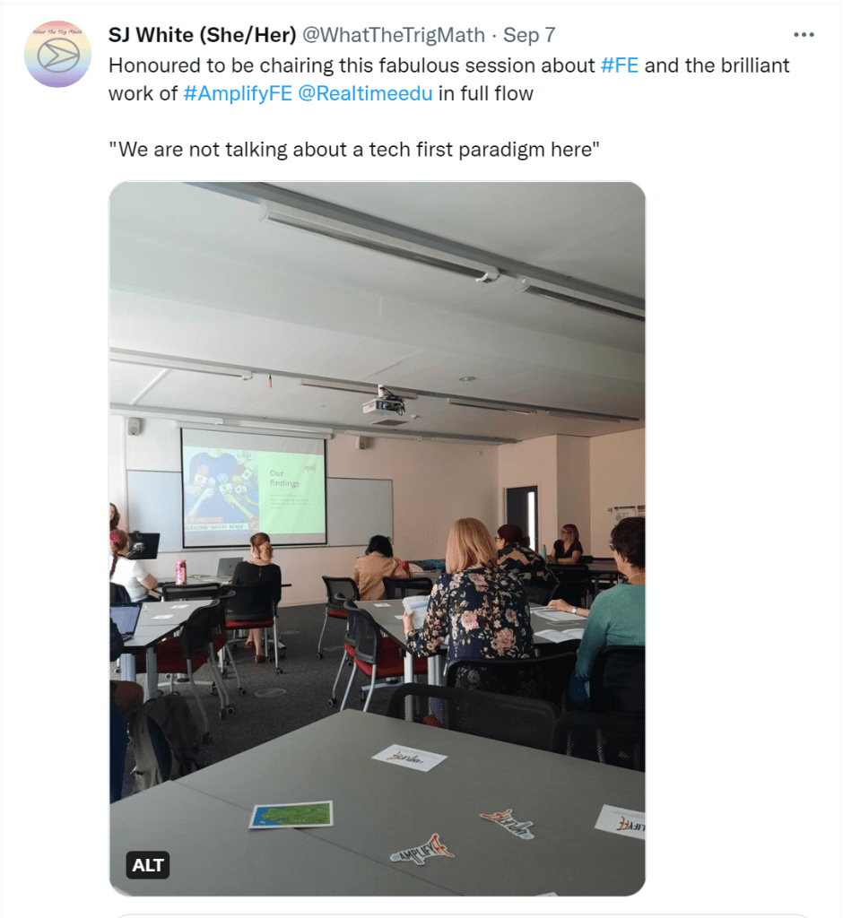 Tweet from Sammy J White promoting the AmplifyFE research presentation at altc22.
