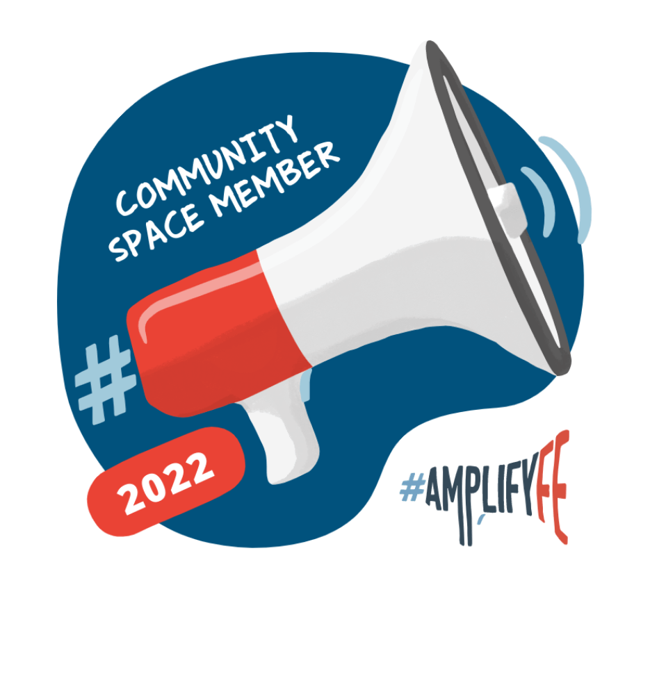 Screenshot of the ALT Community Space Member digital badge showing a red and white megaphone and the AmplifyFE logo with slogan 'ALT Community Space Member' , Issued by ALT in 2022