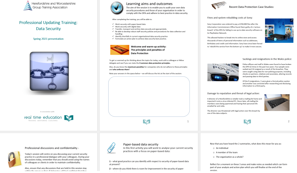 Image of pages from a delegates' workbook for a 1-day Data Security professional updating session.