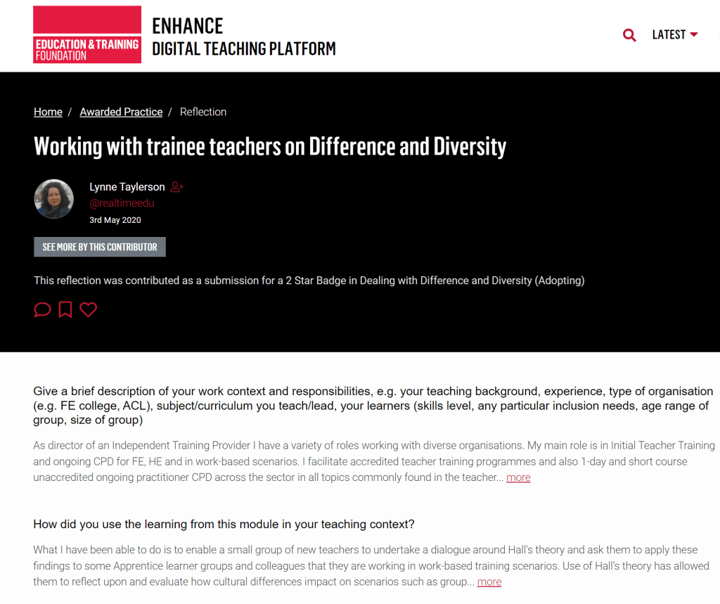 Screenshot of the ETF's Enhance Digital Technology Platform contribution 'Working with Trainee Teachers on Difference and Diversity' written by Lynne Taylerson.
Appears as a blog post.