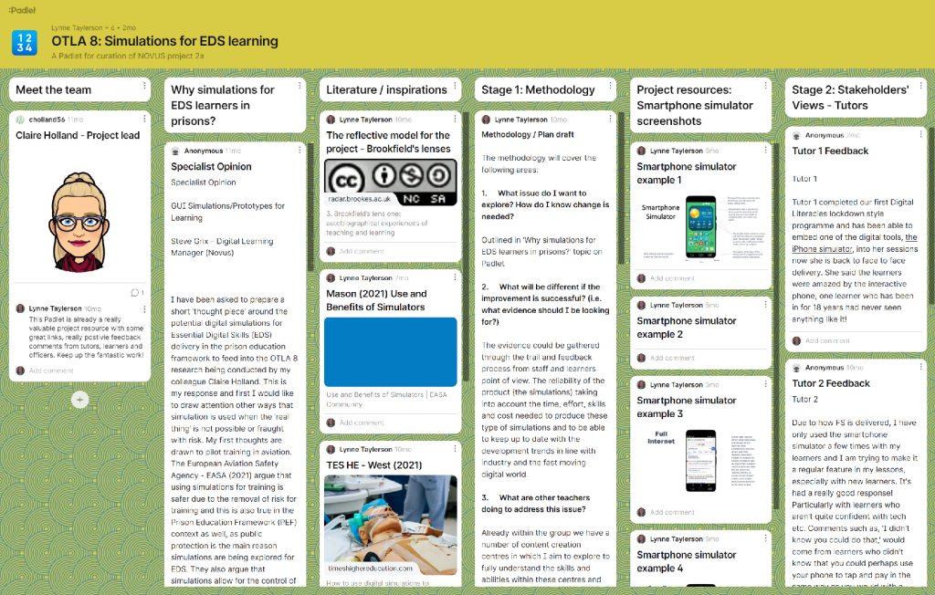 Screenshot of the Padlet board for Simulations for EDS Learning OTLA project.