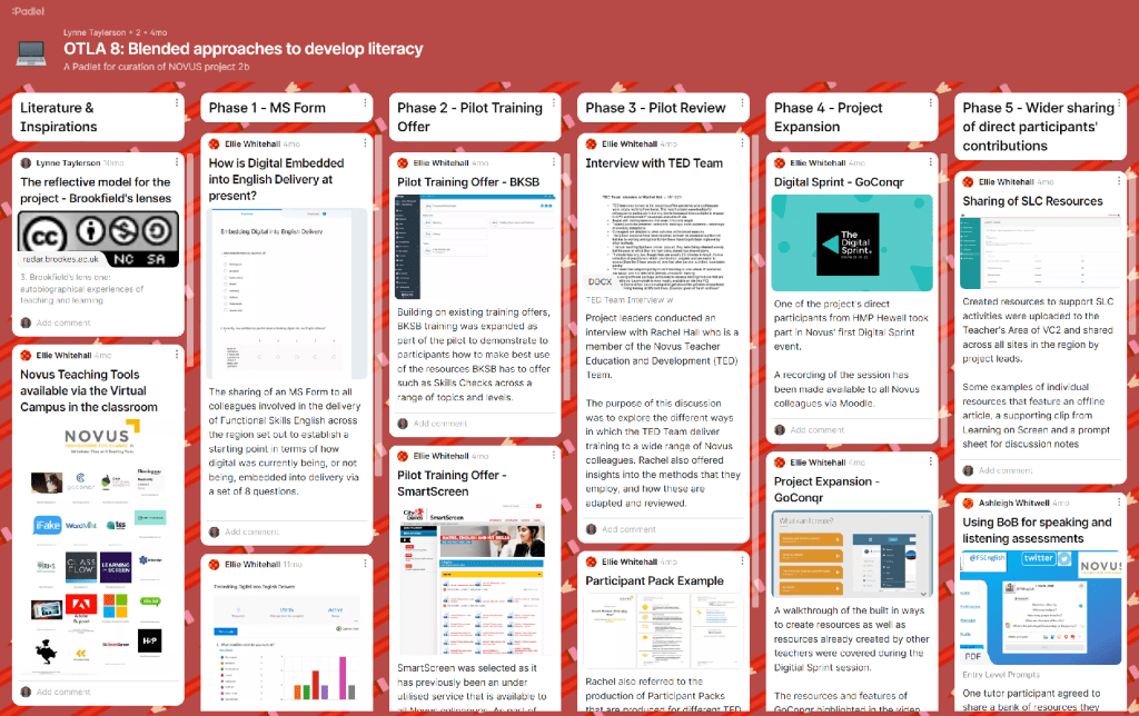 Screenshot of the Padlet board for Blended Approaches to Develop Literacy OTLA project.