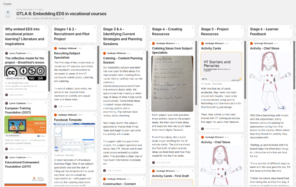 Screenshot of the Padlet board for Embedding EDS in Vocational Courses OTLA project.