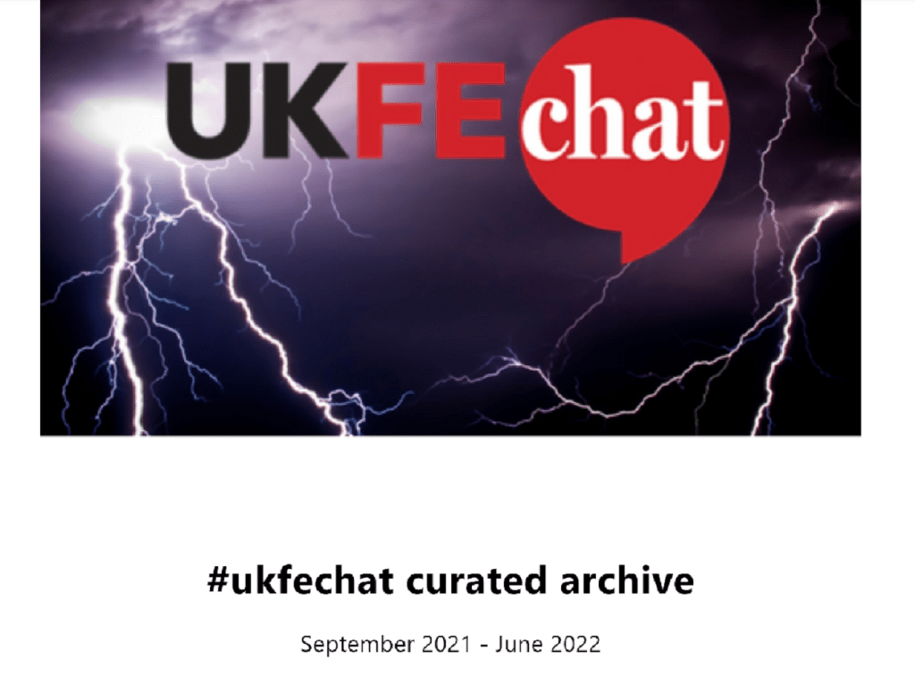 Screenshot of the #ukfechat Wakelet archive 2021-22 banner - the logo for #ukfechat with 2 lightning strikes over a dark sky below.