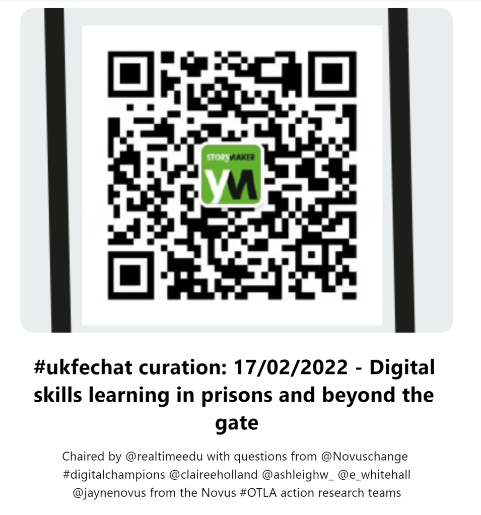 Banner of the #ukfechat curation for 17/02/2022
Image: a QR code
Text below: Digital skills learning i prisons and beyond the gate